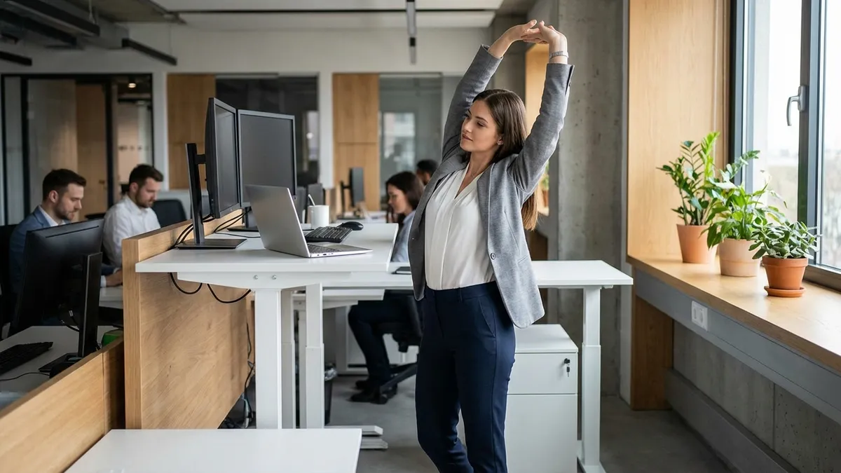Frau macht Dehnübungen am Schreibtisch im Büro
