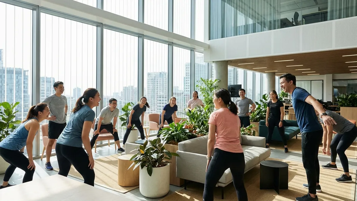 Gruppe von Mitarbeitern bei einer Firmenfitness-Session