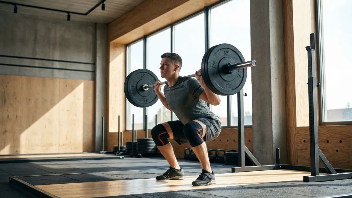 Person macht Kniebeugen mit einer Langhantel im Fitnessstudio