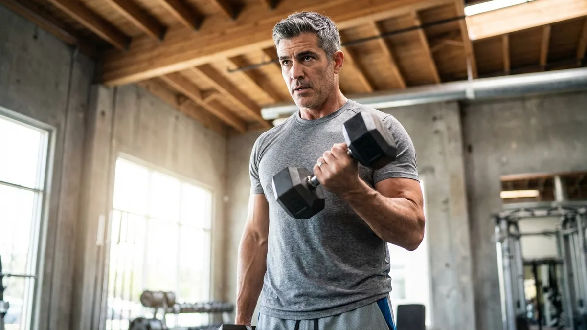 Sportlicher Mann über 40 trainiert mit Kurzhanteln