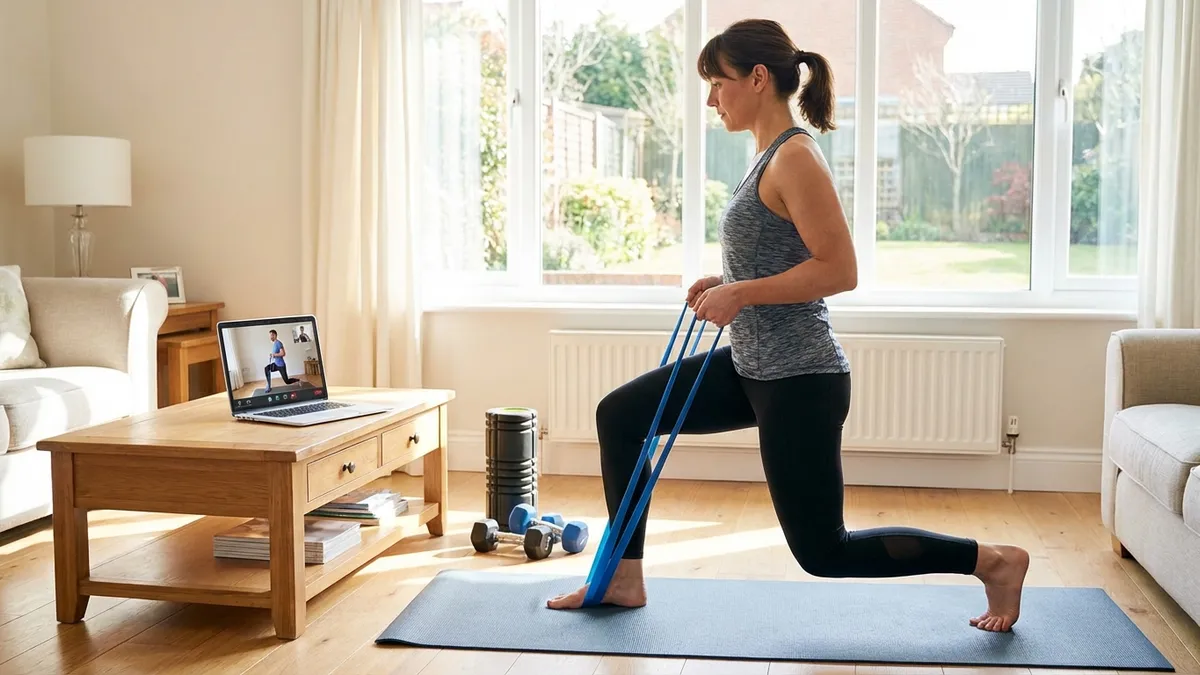 Person trainiert zuhause vor einem Laptop mit Online-Personal-Trainer