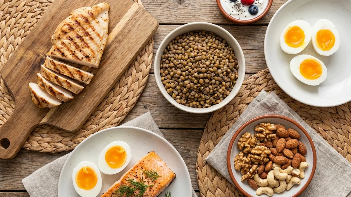 Gesunde proteinreiche Lebensmittel auf einem Tisch