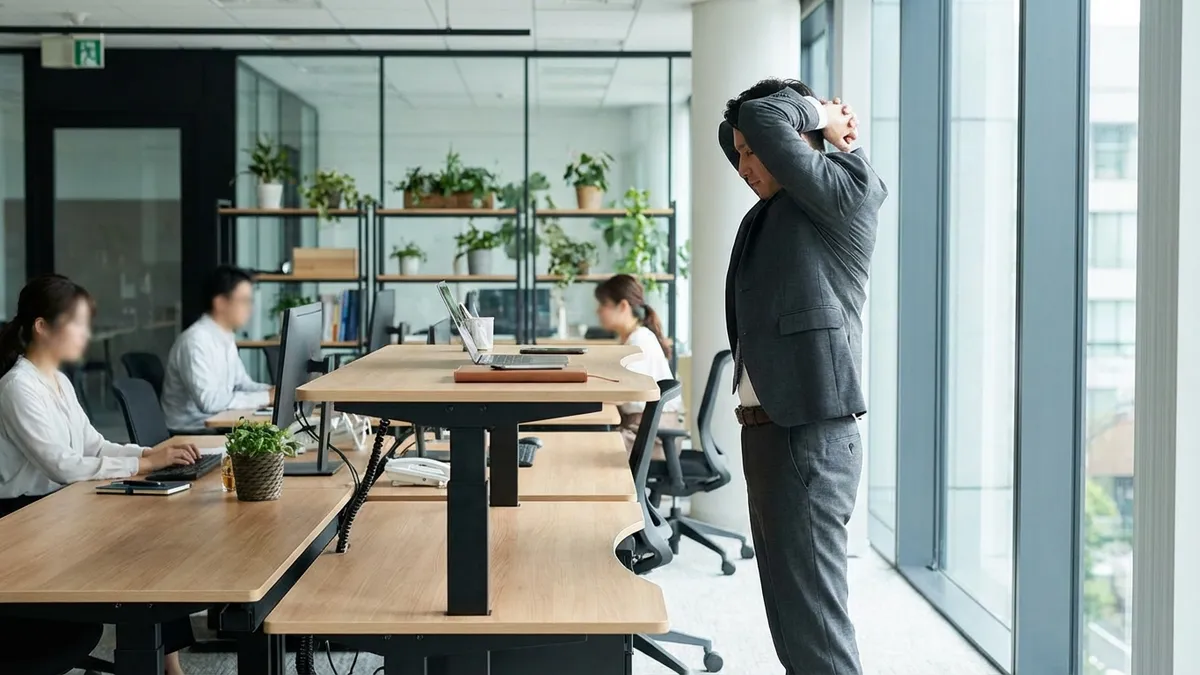 Person macht Rückenübungen neben dem Schreibtisch
