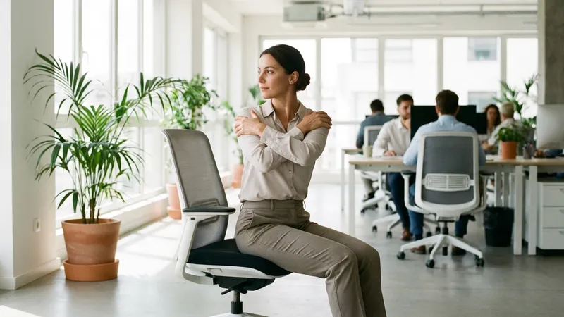 Person macht eine sitzende Rotation der Brustwirbelsäule auf dem Bürostuhl