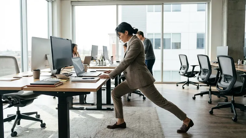 Person dehnt den Hüftbeuger neben dem Schreibtisch im Ausfallschritt