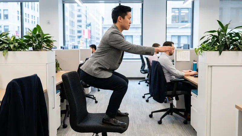 Person macht Kniebeugen zum Bürostuhl als Ziel