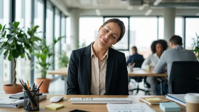 Person macht langsame Nackenkreise am Schreibtisch