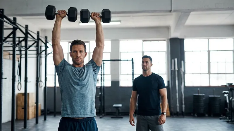 Person drückt Kurzhanteln über den Kopf im Stehen