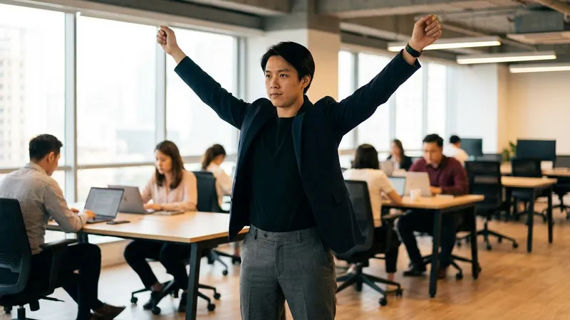 Person macht eine stehende Superman-Übung neben dem Schreibtisch